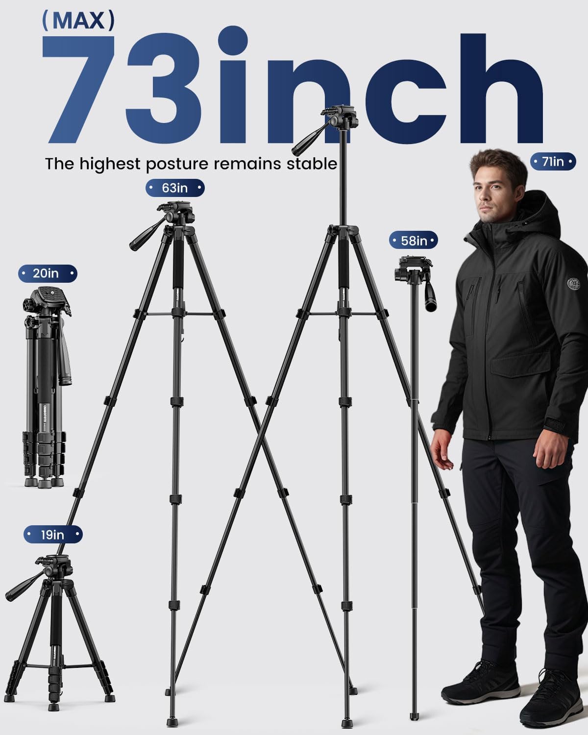 73" Camera Tripod and Monopod, Professional Aluminum Tripod Stand for Mirrorless Camera/DSLR/Cell Phone/Camcorder/GoPro, with Phone Holder and Travel Bag (Black) - Image 3
