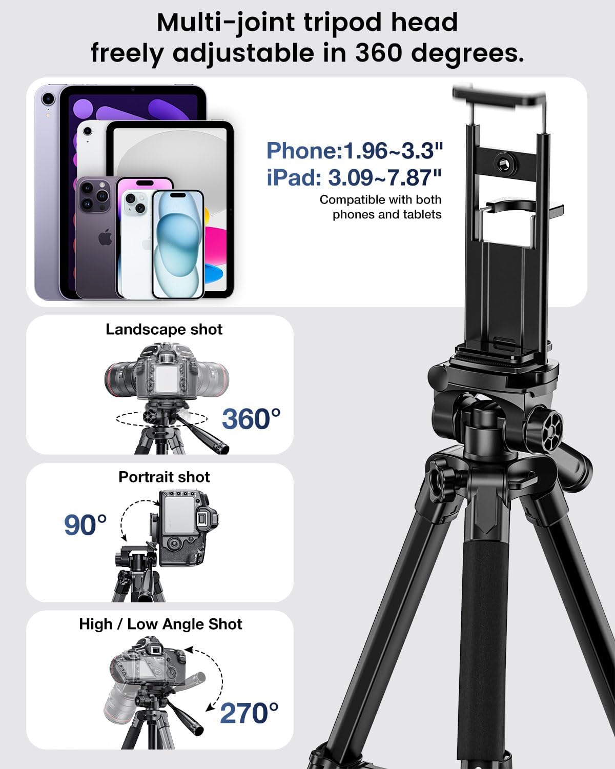 73" Camera Tripod and Monopod, Professional Aluminum Tripod Stand for Mirrorless Camera/DSLR/Cell Phone/Camcorder/GoPro, with Phone Holder and Travel Bag (Black) - Image 5