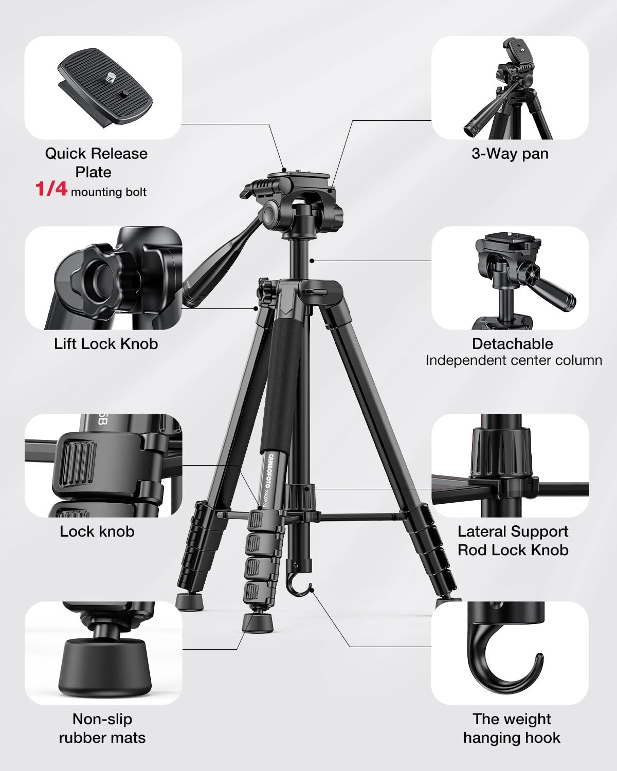 73" Camera Tripod and Monopod, Professional Aluminum Tripod Stand for Mirrorless Camera/DSLR/Cell Phone/Camcorder/GoPro, with Phone Holder and Travel Bag (Black) - Image 6